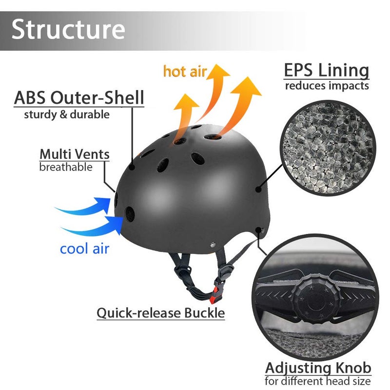 Besmall Adjustable Skateboard Skate Helmet with Protective Gear Knee Pads Elbow Pads Wrist Pads for Youth Outdoor Sports, BMX, Skateboard, Scooter, Bike, Roller, Kid's Protective Gear Set Black L - Image 4